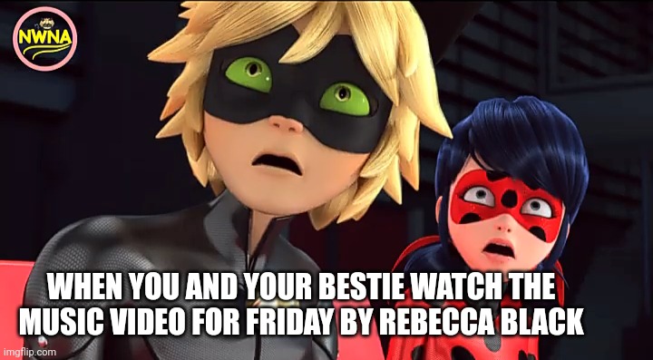 NOT THAT VIDEO!!!! | WHEN YOU AND YOUR BESTIE WATCH THE MUSIC VIDEO FOR FRIDAY BY REBECCA BLACK | image tagged in miraculous memebug,friday | made w/ Imgflip meme maker