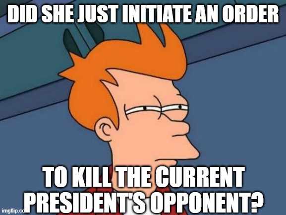Futurama Fry Meme | DID SHE JUST INITIATE AN ORDER TO KILL THE CURRENT PRESIDENT'S OPPONENT? | image tagged in memes,futurama fry | made w/ Imgflip meme maker