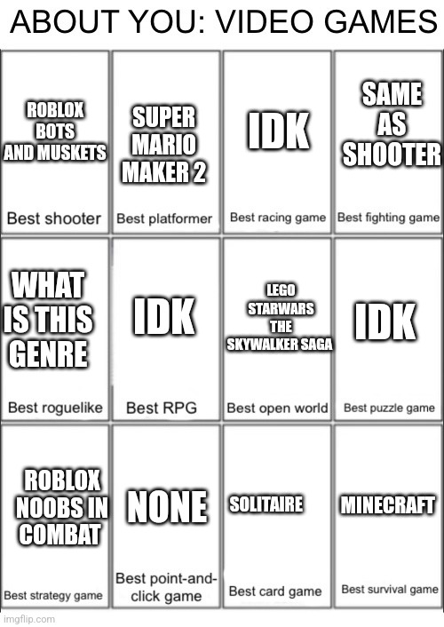 About you: video games | SAME AS SHOOTER; IDK; SUPER MARIO MAKER 2; ROBLOX BOTS AND MUSKETS; IDK; LEGO STARWARS THE SKYWALKER SAGA; WHAT IS THIS GENRE; IDK; SOLITAIRE; MINECRAFT; ROBLOX NOOBS IN COMBAT; NONE | image tagged in about you video games | made w/ Imgflip meme maker
