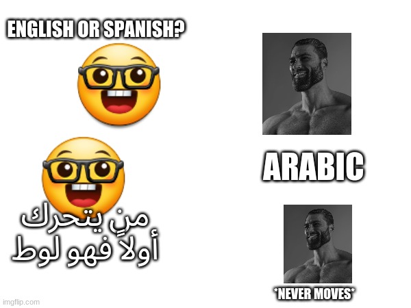 brainrot i made idk lol | ENGLISH OR SPANISH? ARABIC; من يتحرك أولاً فهو لوط; *NEVER MOVES* | made w/ Imgflip meme maker