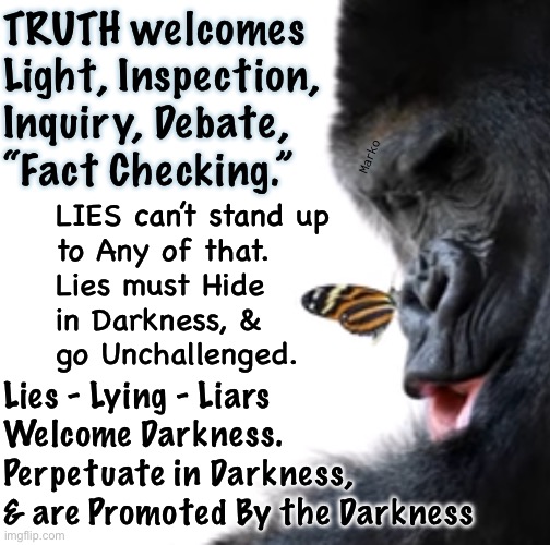 Live in Darkness  — Live in Light | TRUTH welcomes
Light, Inspection,
Inquiry, Debate,
“Fact Checking.”; Marko; LIES can’t stand up
to Any of that.
Lies must Hide
in Darkness, &
go Unchallenged. Lies - Lying - Liars
Welcome Darkness.
Perpetuate in Darkness,
& are Promoted By the Darkness | image tagged in memes,evil is ensconced in darkness,so are evil ones,dont be evil,live in the light | made w/ Imgflip meme maker