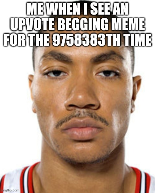 Upvote begging is just annoying. Seriously | ME WHEN I SEE AN UPVOTE BEGGING MEME FOR THE 9758383TH TIME | image tagged in derrick rose straight face,memes,stop upvote begging | made w/ Imgflip meme maker