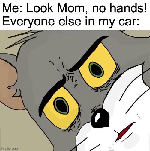 (It wasn’t a Tesla) | Me: Look Mom, no hands!
Everyone else in my car: | image tagged in memes,unsettled tom | made w/ Imgflip meme maker