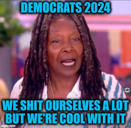 DEMOCRATS 2024; WE SHIT OURSELVES A LOT
BUT WE'RE COOL WITH IT | image tagged in whoopi goldberg,election,2024,the view,democrats,poop | made w/ Imgflip meme maker