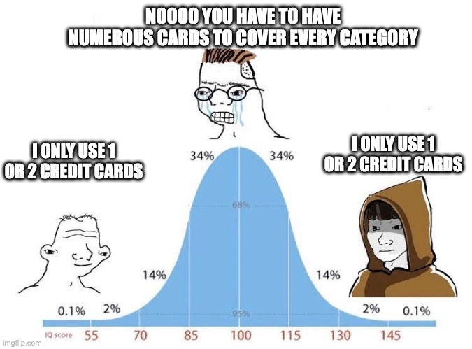 Bell Curve | NOOOO YOU HAVE TO HAVE NUMEROUS CARDS TO COVER EVERY CATEGORY; I ONLY USE 1 OR 2 CREDIT CARDS; I ONLY USE 1 OR 2 CREDIT CARDS | image tagged in bell curve | made w/ Imgflip meme maker