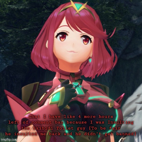 pyra | Chat I have like 4 more hours left of comment ban because I was Insulting the Skibidi Toilet guy {To be fair he insulted me back and he didn't get banned} | image tagged in pyra | made w/ Imgflip meme maker