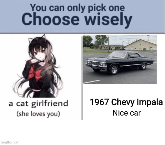 Choose wisely | 1967 Chevy Impala; Nice car | image tagged in choose wisely | made w/ Imgflip meme maker