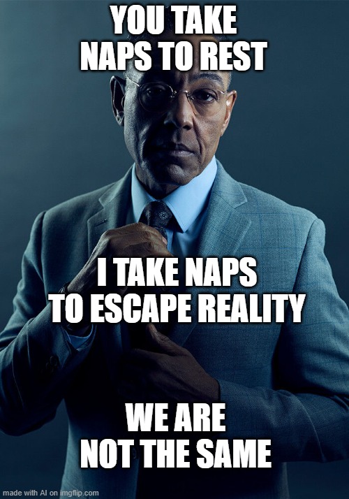 Gus Fring we are not the same | YOU TAKE NAPS TO REST; I TAKE NAPS TO ESCAPE REALITY; WE ARE NOT THE SAME | image tagged in gus fring we are not the same | made w/ Imgflip meme maker