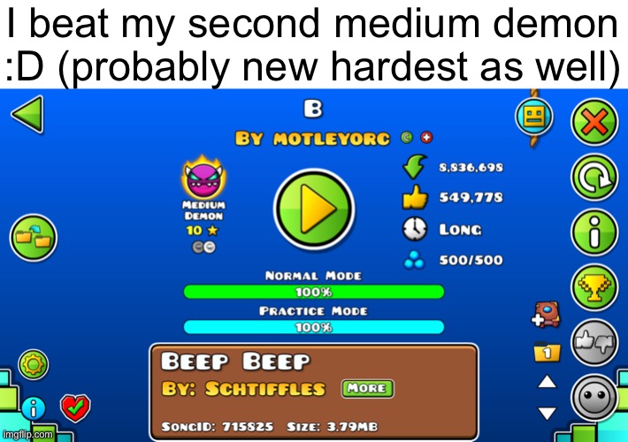 It was B in case you’re blind | I beat my second medium demon :D (probably new hardest as well) | image tagged in dive | made w/ Imgflip meme maker