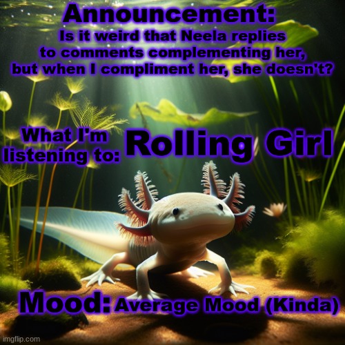 Banbodi. Announcement | Is it weird that Neela replies to comments complementing her, but when I compliment her, she doesn't? Rolling Girl; Average Mood (Kinda) | image tagged in moonranger announcement | made w/ Imgflip meme maker
