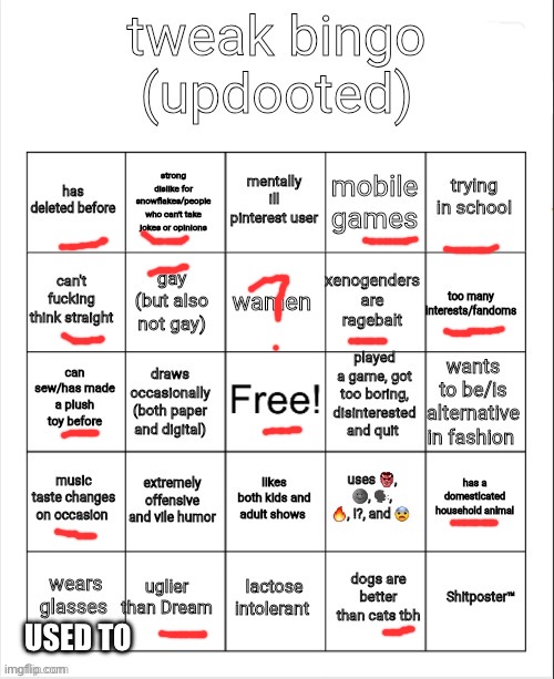 tweak bingo | USED TO | image tagged in tweak bingo | made w/ Imgflip meme maker