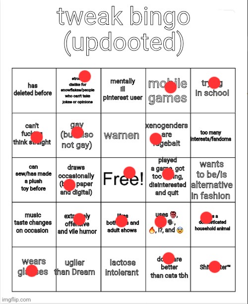 tweak bingo | image tagged in tweak bingo | made w/ Imgflip meme maker