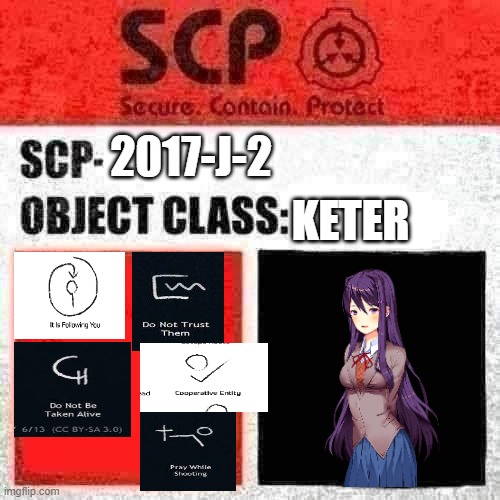 Yuri has been contained! | KETER; 2017-J-2 | image tagged in scp label template keter | made w/ Imgflip meme maker