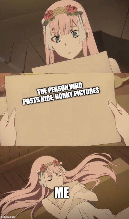 I forgot the name, but I do love the art they post. | THE PERSON WHO POSTS NICE, HORNY PICTURES; ME | image tagged in darling in the franxx love | made w/ Imgflip meme maker