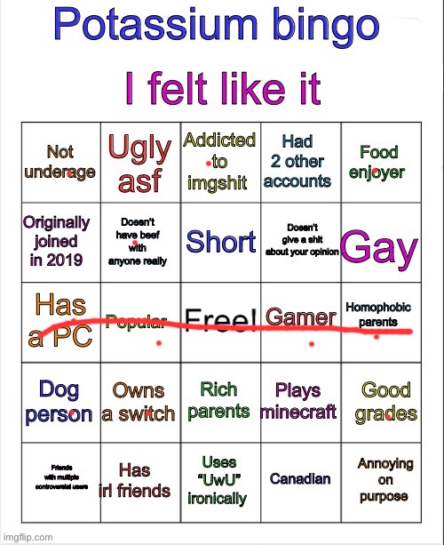 ig you could say I’m popular | image tagged in potassium bingo v3 | made w/ Imgflip meme maker
