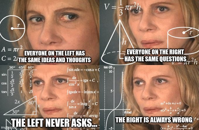 Statistical Anomaly | EVERYONE ON THE RIGHT HAS THE SAME QUESTIONS; EVERYONE ON THE LEFT HAS THE SAME IDEAS AND THOUGHTS; THE RIGHT IS ALWAYS WRONG; THE LEFT NEVER ASKS... | image tagged in calculating meme,liberals,conservatives,brainwashed | made w/ Imgflip meme maker