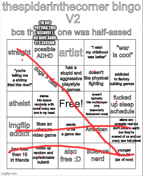 spiderinthecornerbingo V2 | I’M NOT PUTTING THIS BECAUSE I DO HAVE ADHD, IT’S CERTAIN. | image tagged in spiderinthecornerbingo v2 | made w/ Imgflip meme maker