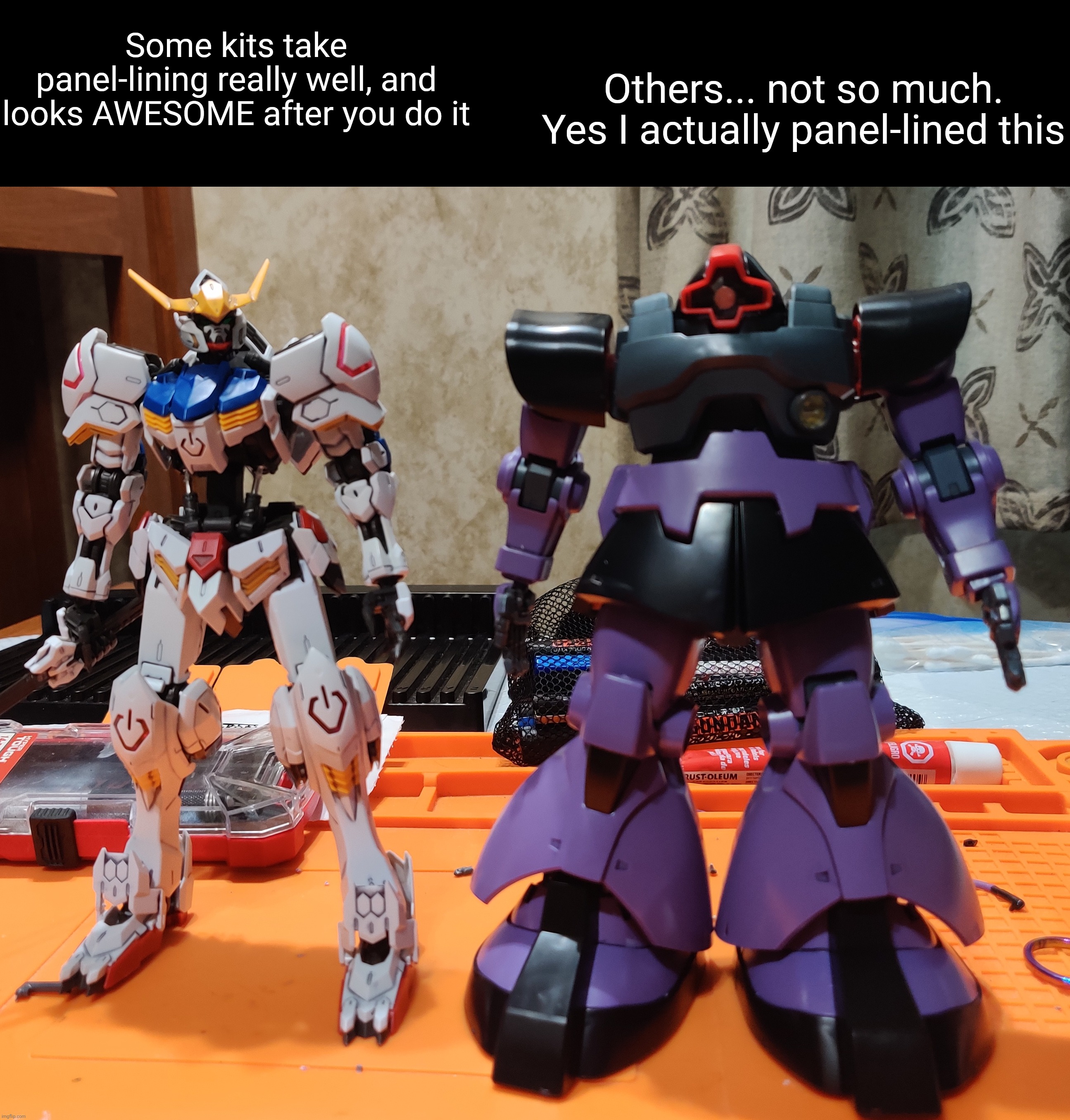 MG gundam Barbatos, and MG dom. | Some kits take panel-lining really well, and looks AWESOME after you do it; Others... not so much. Yes I actually panel-lined this | made w/ Imgflip meme maker