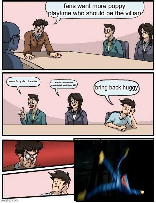 what happens at mob entertainment HQ | fans want more poppy playtime who should be the villian; some furby ahh character; a gang of cartoony anthro animals that will get r34 fanart 100%; bring back huggy | image tagged in memes,boardroom meeting suggestion,poppy playtime | made w/ Imgflip meme maker
