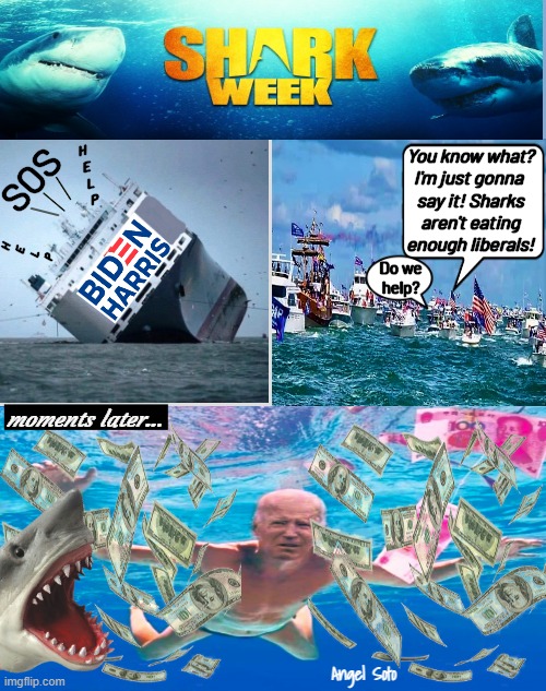 Biden is a victim of shark week | You know what?
I'm just gonna 
say it! Sharks
aren't eating
enough liberals! H
E
L
P; SOS; H
E
L
P; Do we
help? moments later... Angel Soto | image tagged in biden's ship sinks during shark week,joe biden,shark week,liberals,help,sinking ship | made w/ Imgflip meme maker