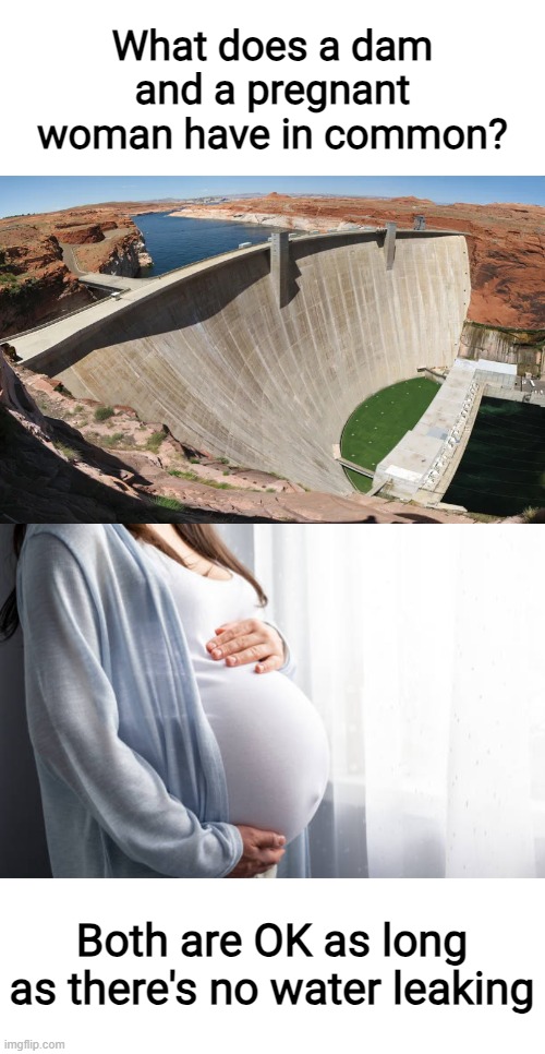 What does a dam and a pregnant woman have in common? Both are OK as long as there's no water leaking | made w/ Imgflip meme maker