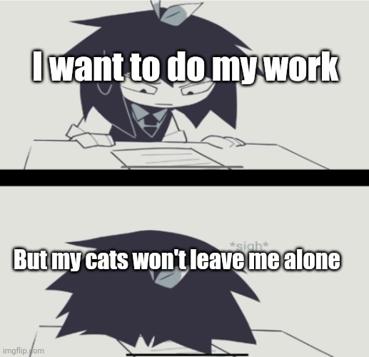 Abbie struggling with homework | I want to do my work; But my cats won't leave me alone | image tagged in abbie struggling with homework | made w/ Imgflip meme maker
