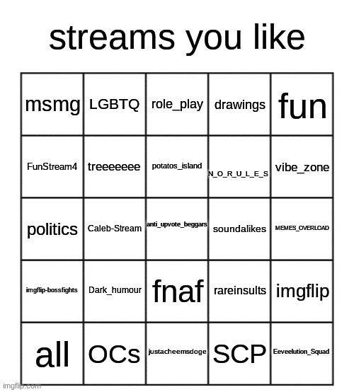 streams you like bingo Blank Meme Template