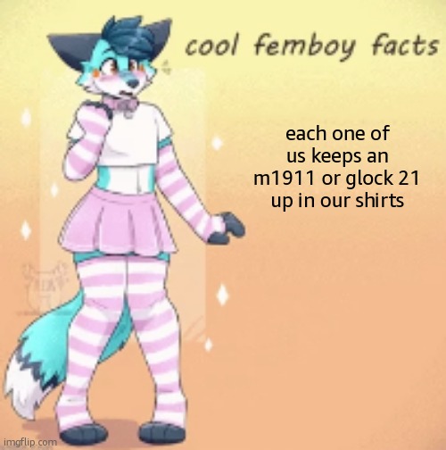 cool femboy facts | each one of us keeps an m1911 or glock 21 up in our shirts | image tagged in cool femboy facts | made w/ Imgflip meme maker