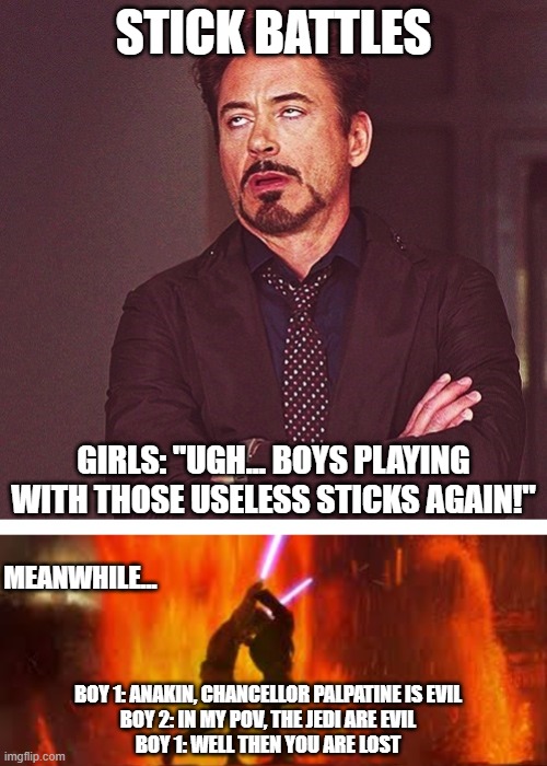 STICK BATTLES; GIRLS: "UGH... BOYS PLAYING WITH THOSE USELESS STICKS AGAIN!"; MEANWHILE... BOY 1: ANAKIN, CHANCELLOR PALPATINE IS EVIL
BOY 2: IN MY POV, THE JEDI ARE EVIL
BOY 1: WELL THEN YOU ARE LOST | image tagged in rdj boring,battle of the heroes | made w/ Imgflip meme maker