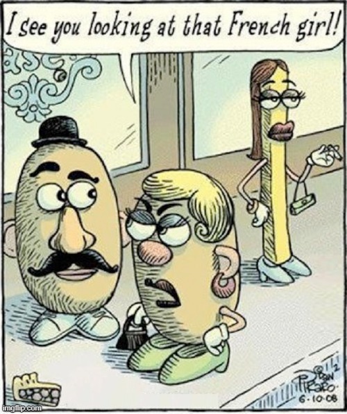 Mr. & Mrs. Potato-Head Vacation in Paris | image tagged in vince vance,bizarro,mr potato head,french fries,cartoons,nagging wife | made w/ Imgflip meme maker