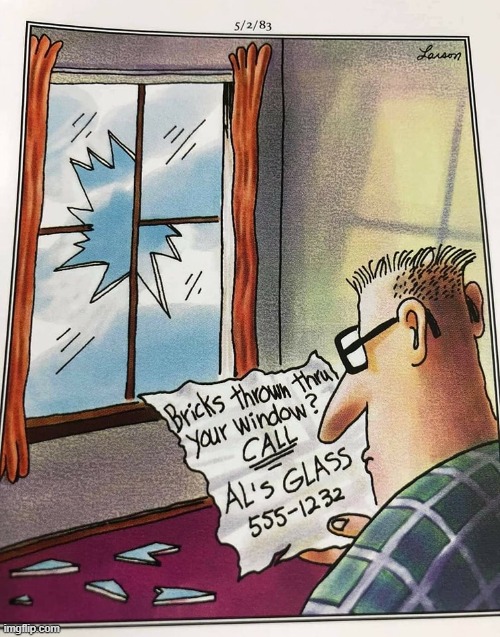 Encouraging Business: it's the American Way | image tagged in vince vance,the far side,cartoons,rock,window,message | made w/ Imgflip meme maker