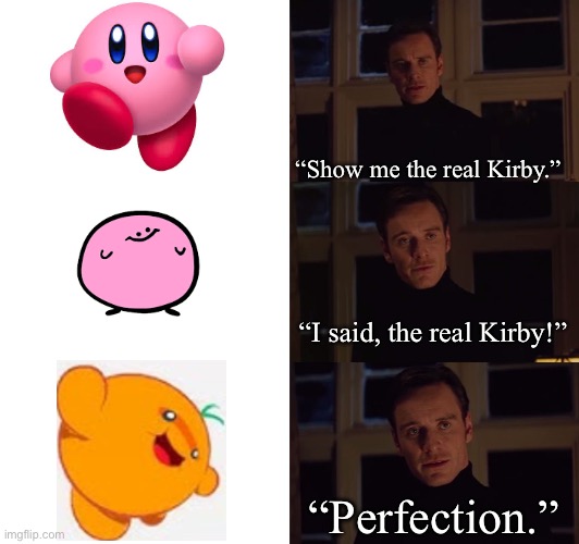 Zearn | “Show me the real Kirby.”; “I said, the real Kirby!”; “Perfection.” | image tagged in perfection | made w/ Imgflip meme maker