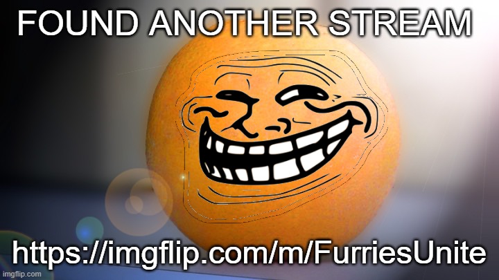 HEHEHEHEHE | FOUND ANOTHER STREAM; https://imgflip.com/m/FurriesUnite | image tagged in troll orange | made w/ Imgflip meme maker