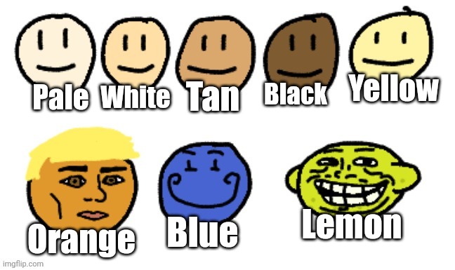 Might have forgotten red and green | Yellow; Black; Tan; Pale; White; Lemon; Blue; Orange | made w/ Imgflip meme maker