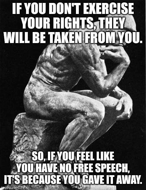 They win when we're silent. | IF YOU DON'T EXERCISE YOUR RIGHTS, THEY WILL BE TAKEN FROM YOU. SO, IF YOU FEEL LIKE YOU HAVE NO FREE SPEECH, IT'S BECAUSE YOU GAVE IT AWAY. | image tagged in philosopher | made w/ Imgflip meme maker