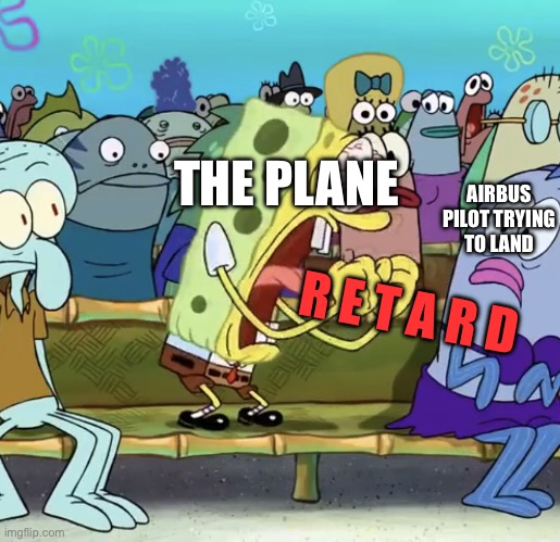 R E T A R D | THE PLANE; AIRBUS PILOT TRYING TO LAND; R E T A R D | image tagged in sponge bob screaming,airplane | made w/ Imgflip meme maker