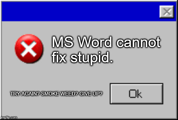 Windows Error Message | MS Word cannot fix stupid. TRY AGAIN? SMOKE WEED? GIVE UP? | image tagged in windows error message,you can't fix stupid | made w/ Imgflip meme maker