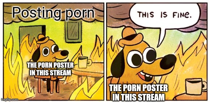 This Is Fine Meme | Posting porn; THE PORN POSTER IN THIS STREAM; THE PORN POSTER IN THIS STREAM | image tagged in memes,this is fine | made w/ Imgflip meme maker