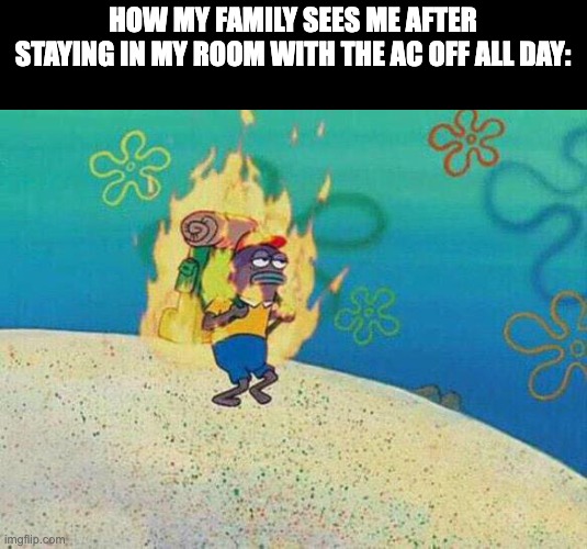 Ambassador of the Heat | HOW MY FAMILY SEES ME AFTER STAYING IN MY ROOM WITH THE AC OFF ALL DAY: | image tagged in spongebob guy on fire,summer,family,spongebob,fire | made w/ Imgflip meme maker