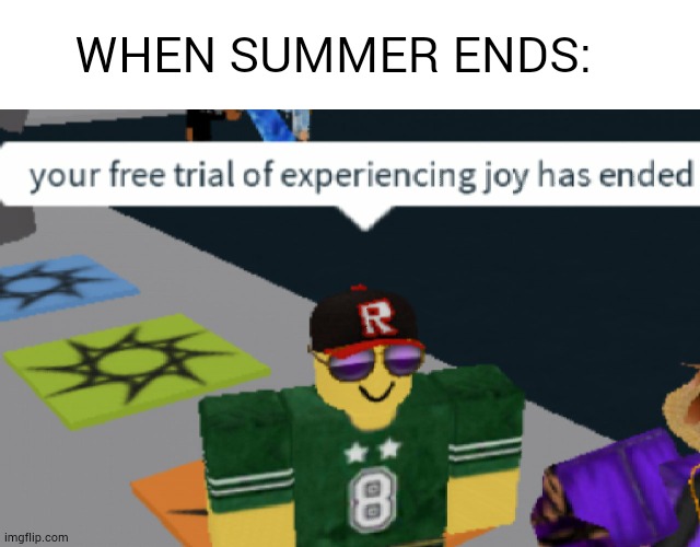 THERES 104 DAYS OF SUMMER VACATION | WHEN SUMMER ENDS: | image tagged in your free trial of experiencing joy has ended,oh wow are you actually reading these tags,i said stop,bored | made w/ Imgflip meme maker