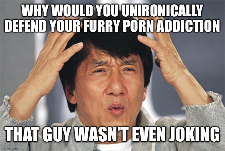 Jackie Chan Confused | WHY WOULD YOU UNIRONICALLY DEFEND YOUR FURRY PORN ADDICTION; THAT GUY WASN’T EVEN JOKING | image tagged in jackie chan confused | made w/ Imgflip meme maker