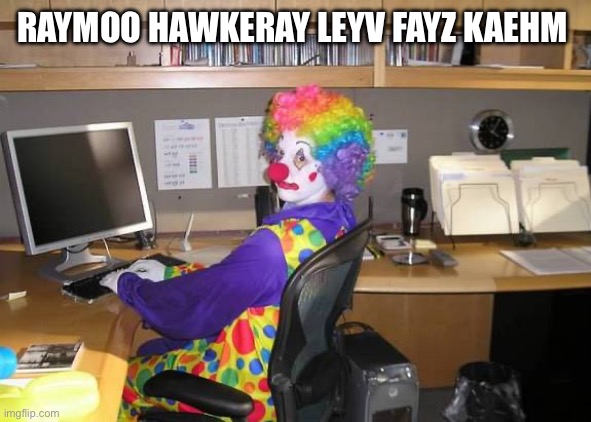 clown computer | RAYMOO HAWKERAY LEYV FAYZ KAEHM | image tagged in clown computer | made w/ Imgflip meme maker