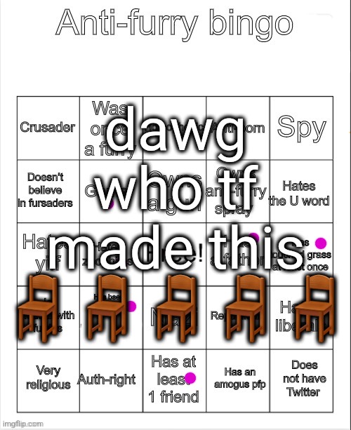 Anti-Furry bingo | dawg who tf made this 🪑🪑🪑🪑🪑 | image tagged in anti-furry bingo | made w/ Imgflip meme maker