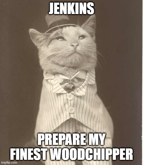 Finest woodchipper | JENKINS; PREPARE MY FINEST WOODCHIPPER | image tagged in jenkins cat template | made w/ Imgflip meme maker