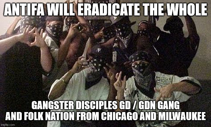 ANTIFA WILL ERADICATE THE WHOLE; GANGSTER DISCIPLES GD / GDN GANG AND FOLK NATION FROM CHICAGO AND MILWAUKEE | ANTIFA WILL ERADICATE THE WHOLE; GANGSTER DISCIPLES GD / GDN GANG AND FOLK NATION FROM CHICAGO AND MILWAUKEE | image tagged in antifa,gangster disciples gd gdn gang,folk nation,chicago,milwaukee | made w/ Imgflip meme maker