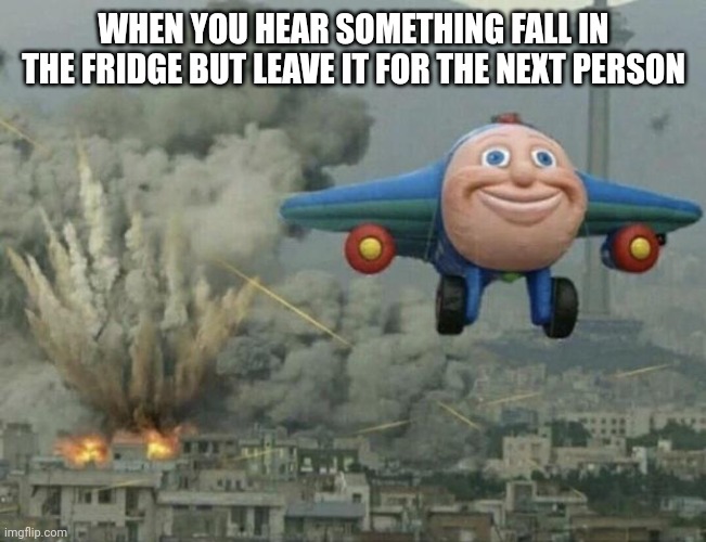 Plane flying from explosions | WHEN YOU HEAR SOMETHING FALL IN THE FRIDGE BUT LEAVE IT FOR THE NEXT PERSON | image tagged in plane flying from explosions | made w/ Imgflip meme maker
