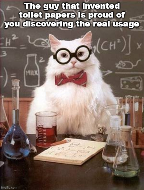 The guy that invented toilet papers is proud of you discovering the real usage | image tagged in science cat good day | made w/ Imgflip meme maker