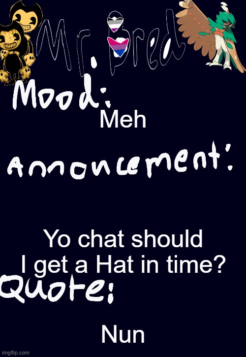 Bred’s announcement temp :3 | Meh; Yo chat should I get a Hat in time? Nun | image tagged in bred s announcement temp 3 | made w/ Imgflip meme maker