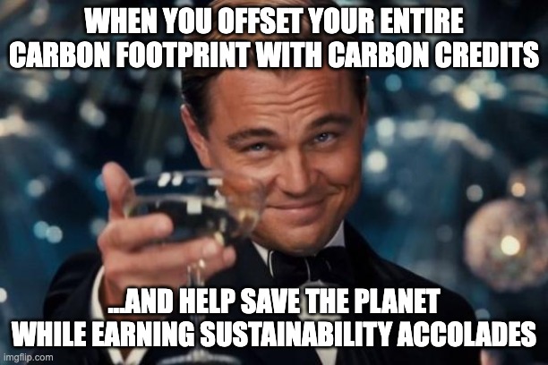 Sustainability | WHEN YOU OFFSET YOUR ENTIRE CARBON FOOTPRINT WITH CARBON CREDITS; ...AND HELP SAVE THE PLANET WHILE EARNING SUSTAINABILITY ACCOLADES | image tagged in memes,leonardo dicaprio cheers | made w/ Imgflip meme maker