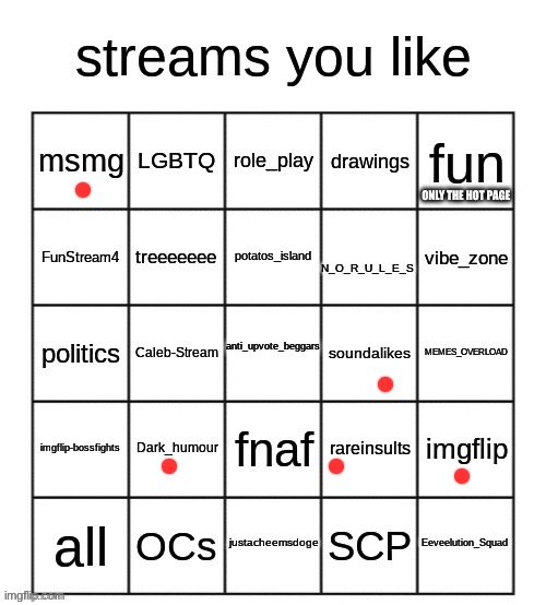I don’t have a big stream diversity | ONLY THE HOT PAGE | image tagged in streams you like bingo | made w/ Imgflip meme maker